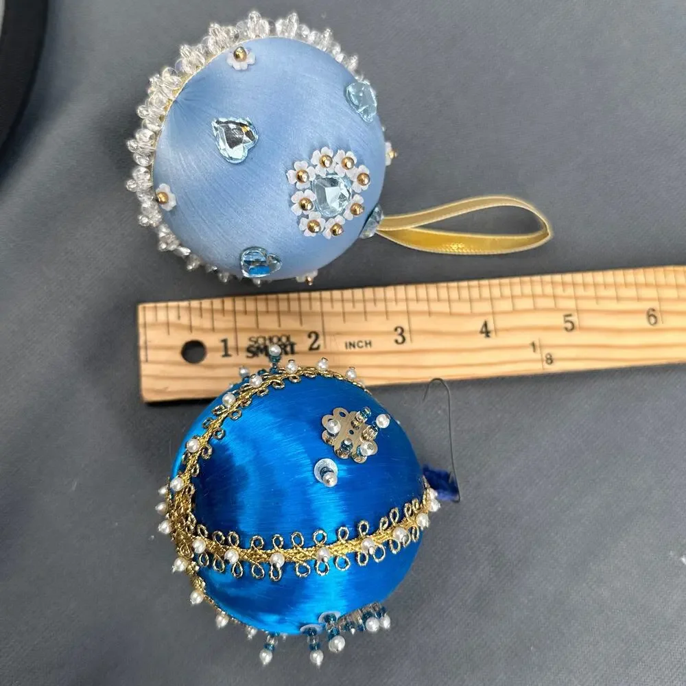 4 VTG Handmade Push Pin Satin Ball Ornament Bead Sequin Christmas ribbon Kitschy